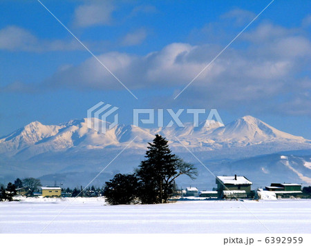 雪原の農家の上に浮かぶような大雪山連峰 雪原の農家の上に浮かぶような大雪山連峰 6392959