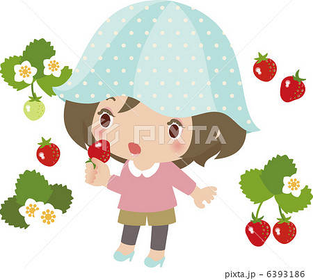 イチゴ狩りでイチゴを食べる若い女性のイラスト素材