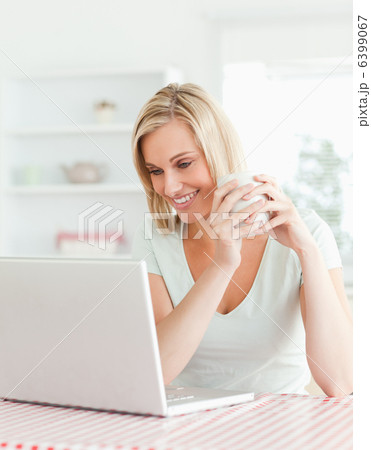 Close up of a woman holding cup of coffee looking at laptop in f 6399067