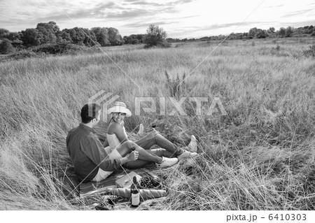 happy couple enjoying countryside picnic in long grass happy couple enjoying countryside picnic in long grass 6410303