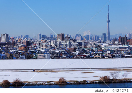 雪景色の江戸川の川原とスカイツリーと都市風景 雪景色の江戸川の川原とスカイツリーと都市風景 6424271