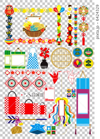 年賀状用イラストカット素材集（宝船・梅・鞠・掛け軸・富士山・くす玉・折り鶴・破魔矢・福袋）カラフル 6424329