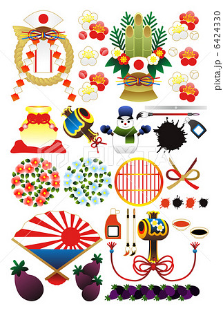 年賀状用イラストカット素材集（注連飾り・門松・打ち出の小槌・雪達磨・筆と墨汁・椿・茄子・扇）グラデ 6424330