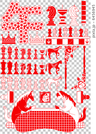 2014年午年年賀状用イラスト素材（チェスの駒・独楽・判子・シルエット・椿・炬燵）紅白 6456945