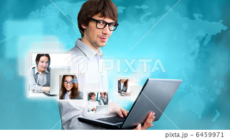 Adult businessman using his tablet computer to communicate his team. Virtual meeting technology for global business concept. 6459971
