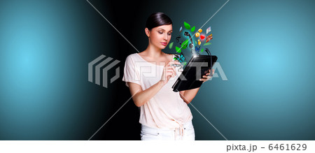 Poster portrait of young beautiful woman holding her universal d Poster portrait of young beautiful woman holding her universal d 6461629
