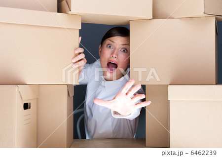 Portrait of young woman surrounded by lots of boxes. Lots of wor 6462239