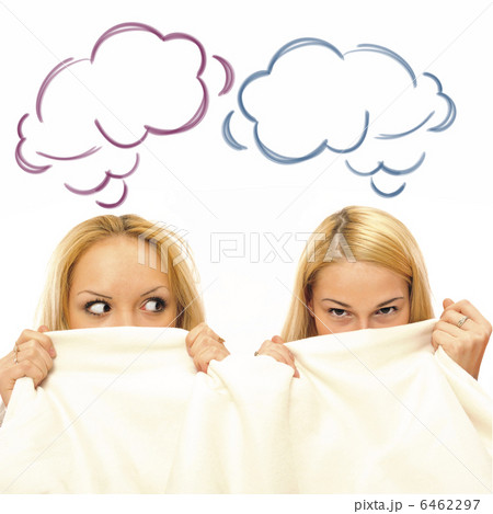 Two women in a bed hiding half of their faces and gossip. Blank 6462297