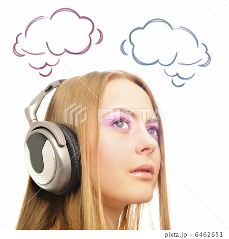 Closeup portrait of beautiful european woman with headphones, sh 6462651