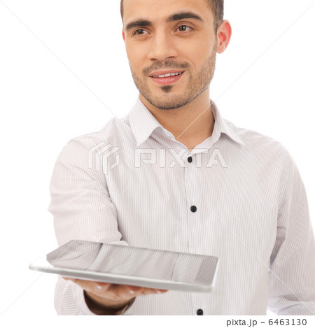 Handsome smiling man with tablet computer. Isolated over white b 6463130