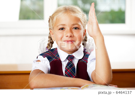 Portrait of a young girl in school at the desk.Horizontal Shot. 6464137