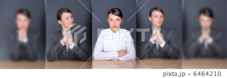 Collage of young leading employer in focus and her clones in blu 6464210