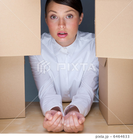 Portrait of young woman surrounded by lots of boxes. Lots of wor 6464633