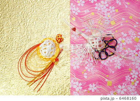 年賀背景素材・水引きの鶴亀・桜柄他和紙2種バック横位置・ハガキ対応比 6468160