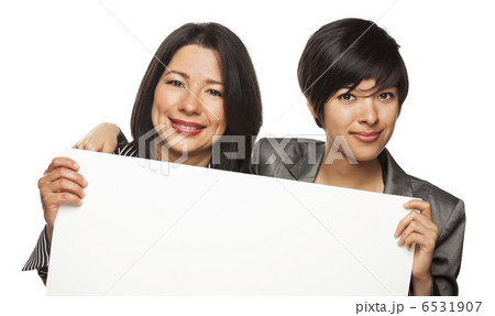 Attractive Mixed Race Mother and Daughter Holding Blank White Si Attractive Mixed Race Mother and Daughter Holding Blank White Si 6531907