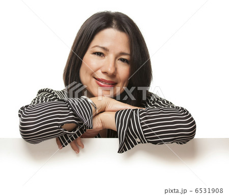 Attractive Mixed Race Woman Leaning on Blank White Sign Attractive Mixed Race Woman Leaning on Blank White Sign 6531908