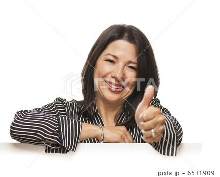 Mixed Race Woman Leaning on Blank White Sign with Thumbs Up Mixed Race Woman Leaning on Blank White Sign with Thumbs Up 6531909