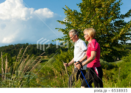 Happy mature or senior couple doing Nordic walking in summer 6538935