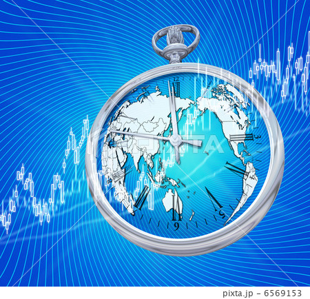 世界地図と時計/株価チャート 世界地図と時計/株価チャート 6569153