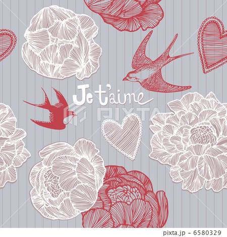 Valentine's card. Swallows and flowers. Seamless pattern. 6580329