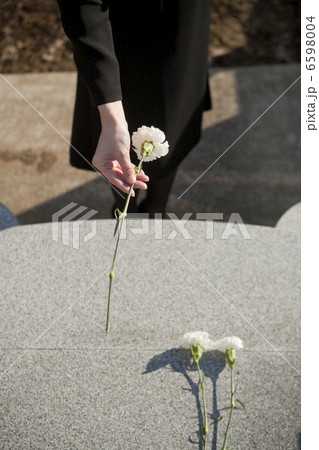 お墓に花を手向ける女性の手元 6598004