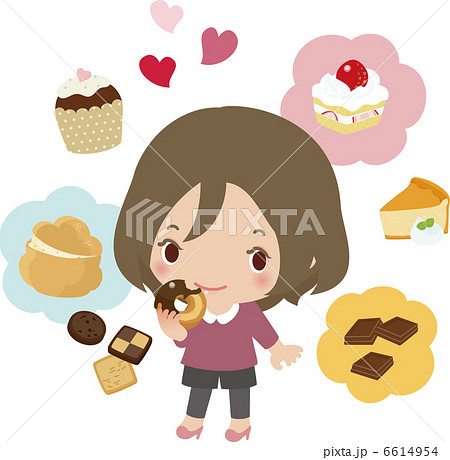 ドーナツを食べる女性と洋菓子のイメージのイラスト素材 6614954 Pixta