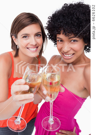 Young smiling women clinking their glasses of white wine 6626102
