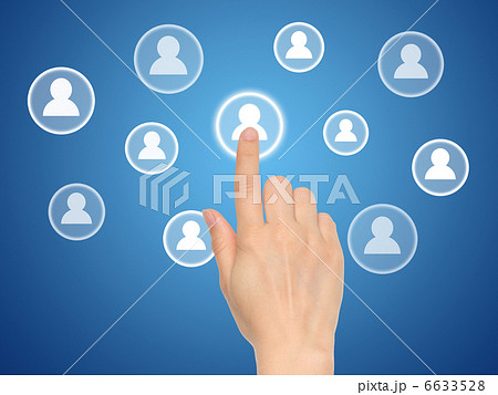 Hand pressing virtual social media button . 6633528