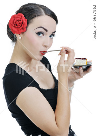 pinup retro woman with travel bag isolated 6637962