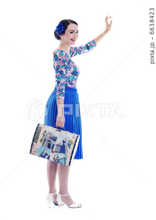 pinup retro woman with travel bag isolated 6638423