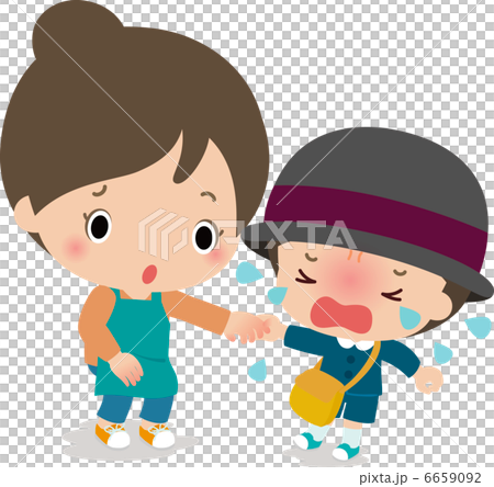 通園途中で泣いている男の子と困っている女性 6659092