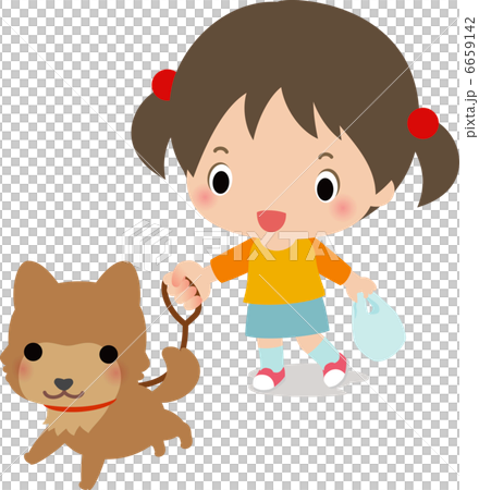 柴犬を散歩させる小さい女の子のイラスト素材