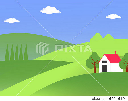 丘の上の赤い屋根の家のイラスト素材