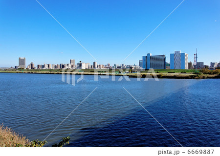 西新井橋より東京スカイツリーと川の手住宅街を臨む 6669887