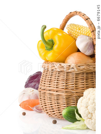 healthy vegetable food and basket isolated on white 6679145