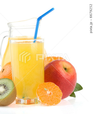 fresh tropical fruits and juice in glass isolated on white 6679252