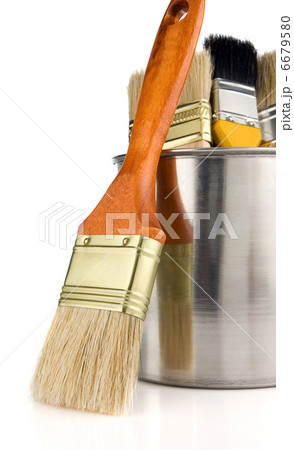 paint buckets and paintbrush isolated on white 6679580