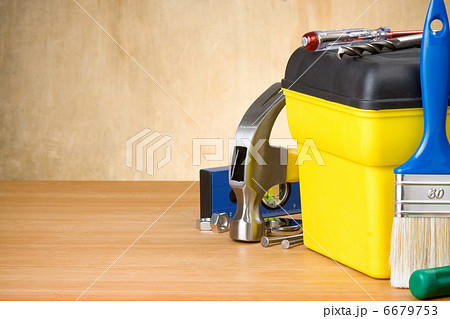 set of tools and toolbox on wood 6679753