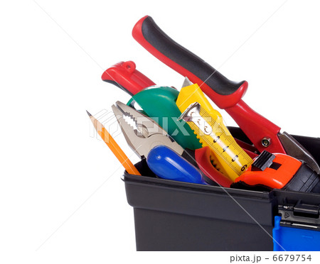 set of tools and istruments in black plastic box isolated on whi 6679754