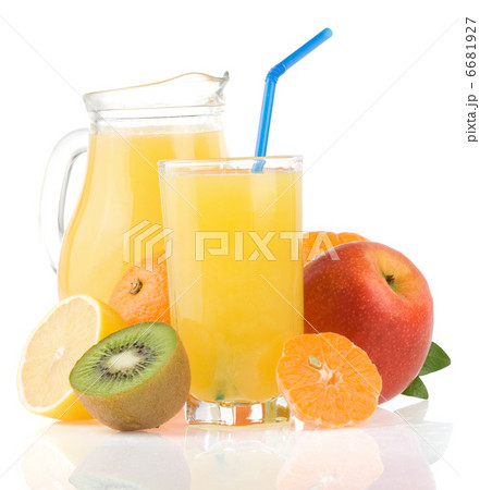 fresh fruits juice in glass and slices on white 6681927