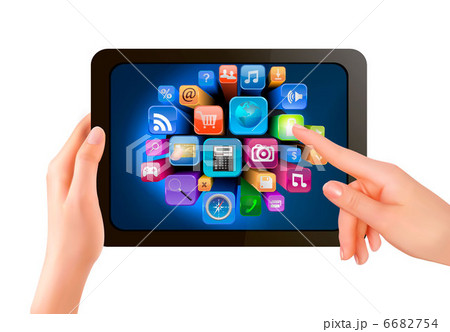 Hand holding touch pad pc and finger touching it's screen with i Hand holding touch pad pc and finger touching it's screen with i 6682754