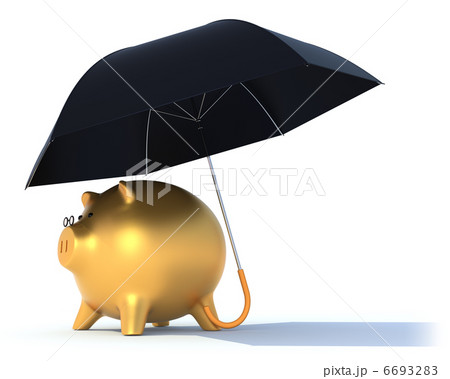 金のぶたの貯金箱と黒い傘のイラスト素材