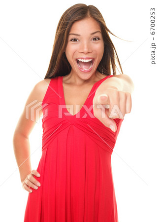 Beautiful excited woman pointing 6700253