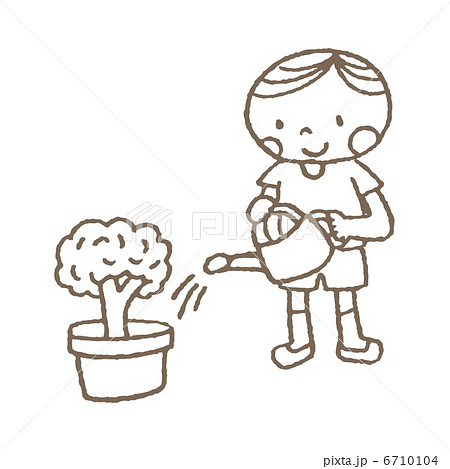 植物に水をあげる男の子のイラスト素材