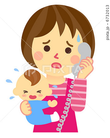 泣く赤ちゃんと心配するママ電話のイラスト素材