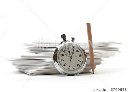 Pile of paper cards with pencil and stopwatch 6769638