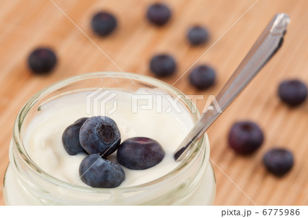Close up of a pot of yoghurt with blueberries displayed behind 6775986