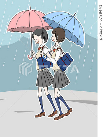雨の日の女子学生 背景ありのイラスト素材