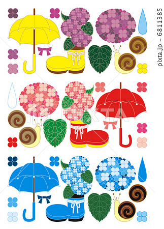 梅雨雨季「紫陽花と傘と蝸牛」イラスト素材集 6811385