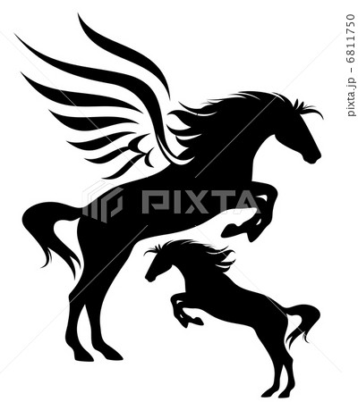 Jumping Pegasus And Horse Fine Vector Silhouette のイラスト素材